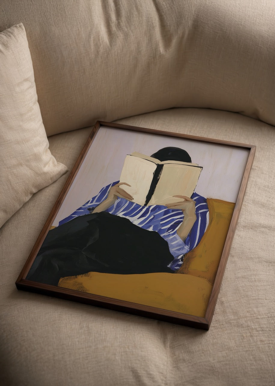 A contemplative figure reading a book on a vibrant sofa in this modern artwork.
