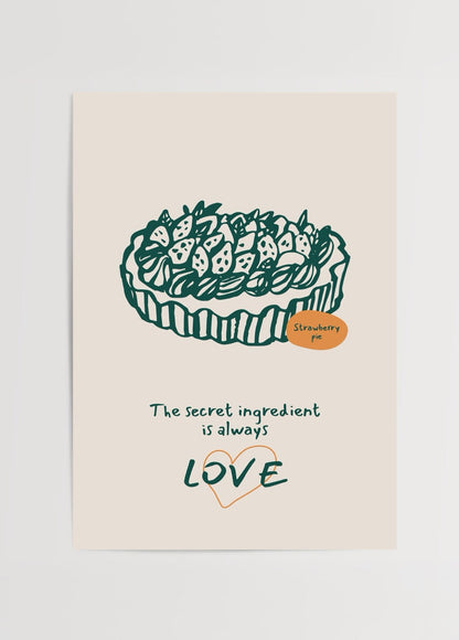Whimsical wall art of a strawberry pie with love quote.