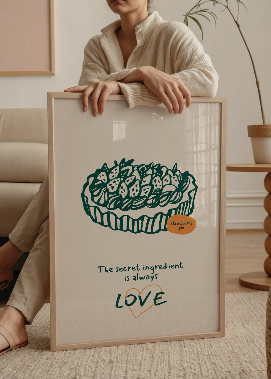 Whimsical wall art of a strawberry pie with love quote.