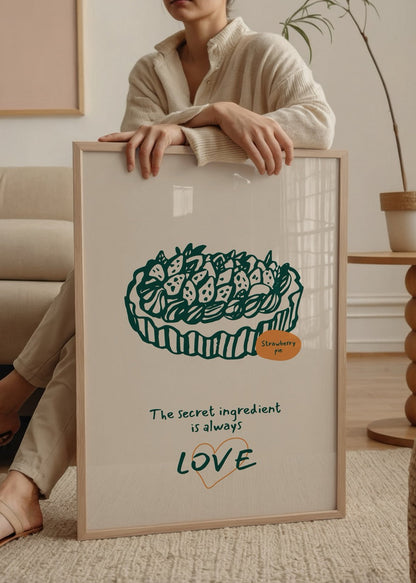 Whimsical wall art of a strawberry pie with love quote.