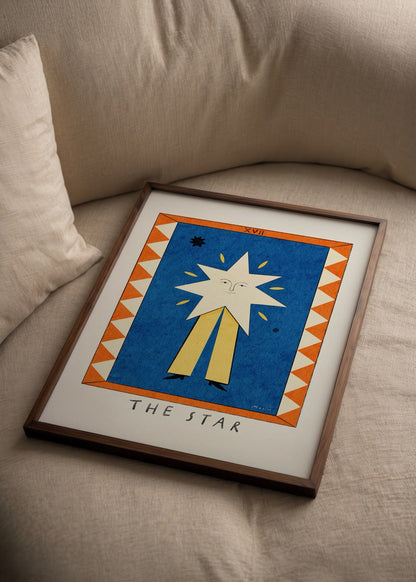 A vibrant star illustration set against a blue background, framed by geometric patterns.