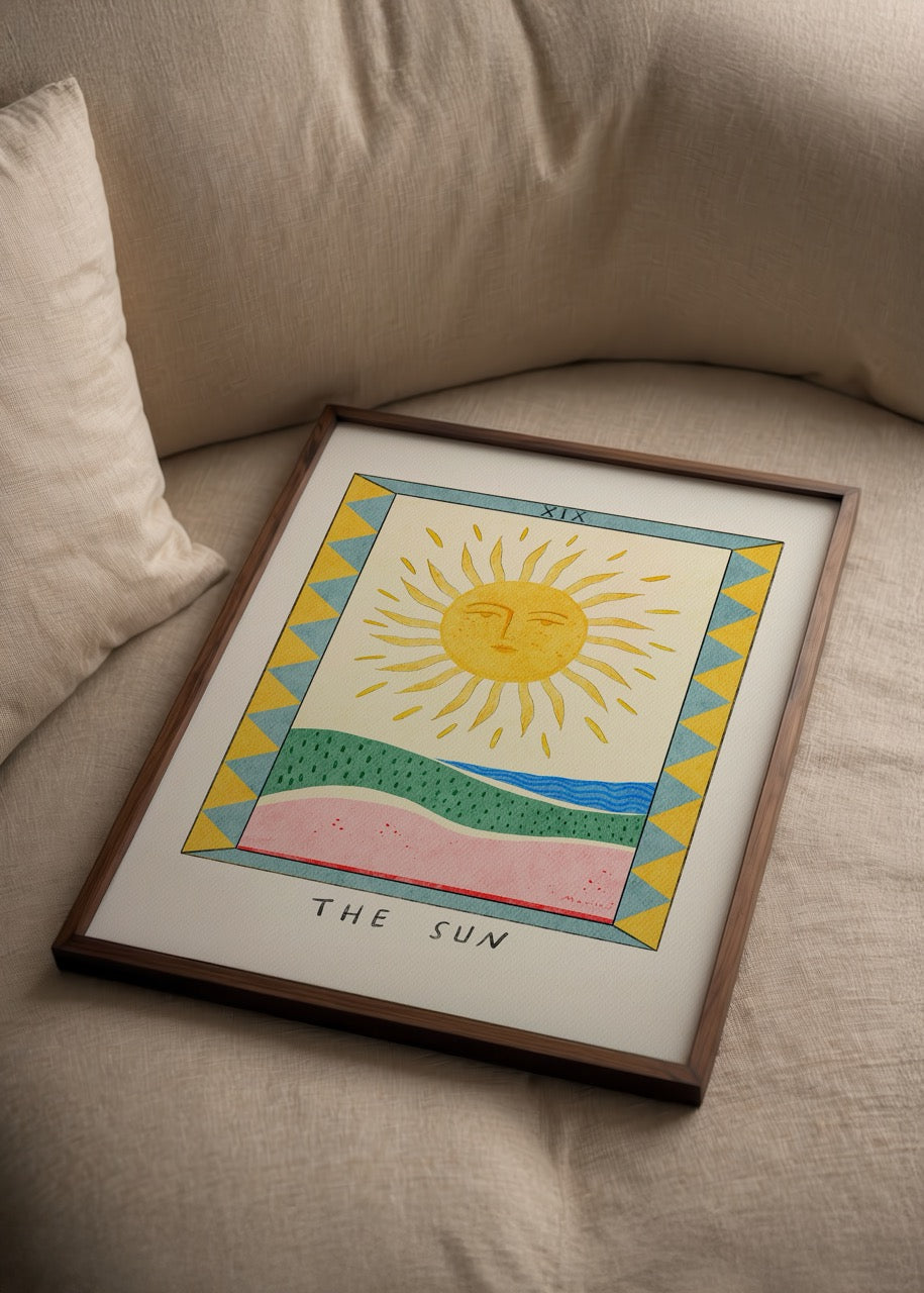 Vibrant illustration of the sun with playful colours and landscape elements.