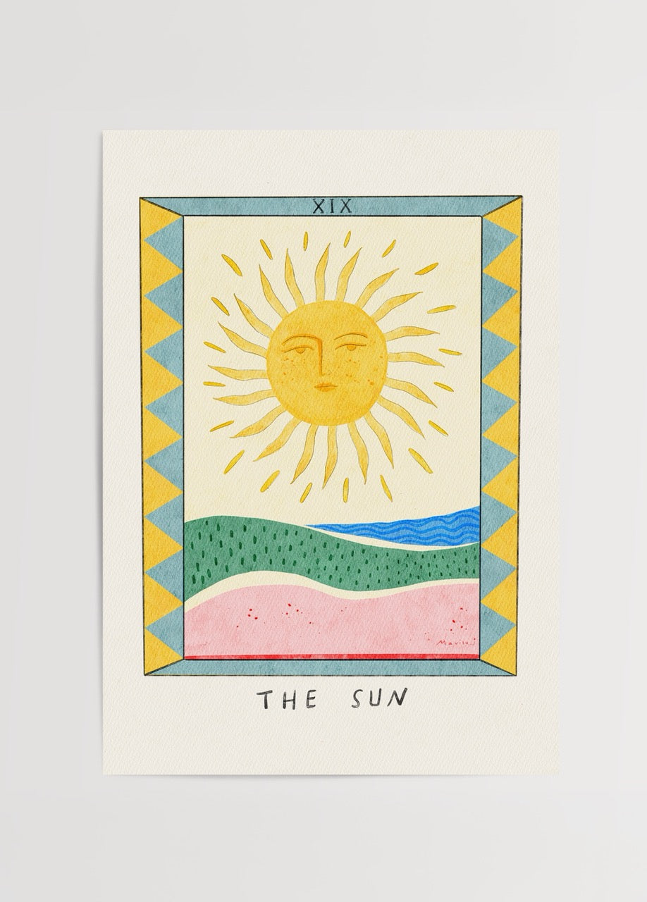 Vibrant illustration of the sun with playful colours and landscape elements.