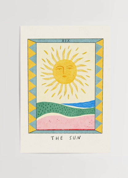 Vibrant illustration of the sun with playful colours and landscape elements.