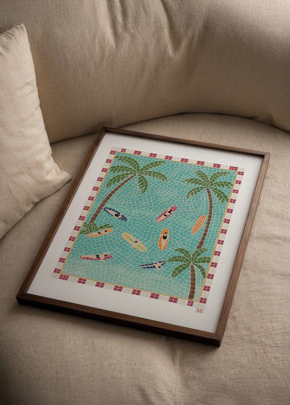 Colourful mosaic print featuring surfboards and palm trees.