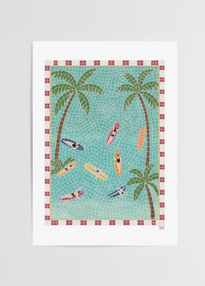 Colourful mosaic print featuring surfboards and palm trees.
