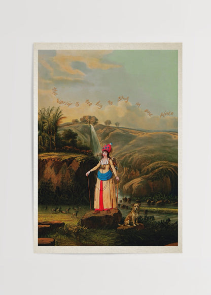 A vibrant poster illustrating the theme of exploration with scenic landscapes.