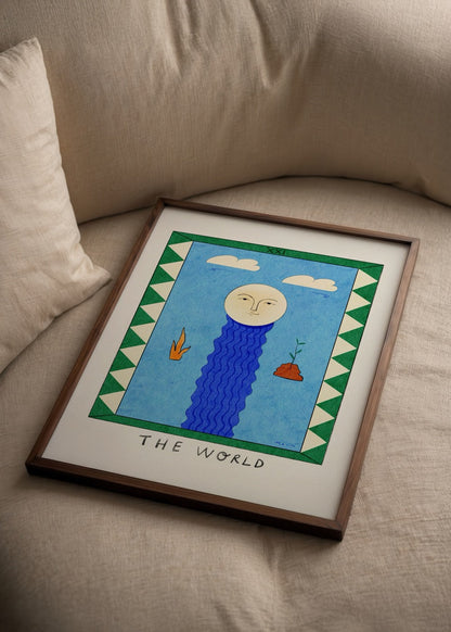 A whimsical illustration depicting nature with a vibrant blue background in &