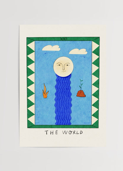 A whimsical illustration depicting nature with a vibrant blue background in &