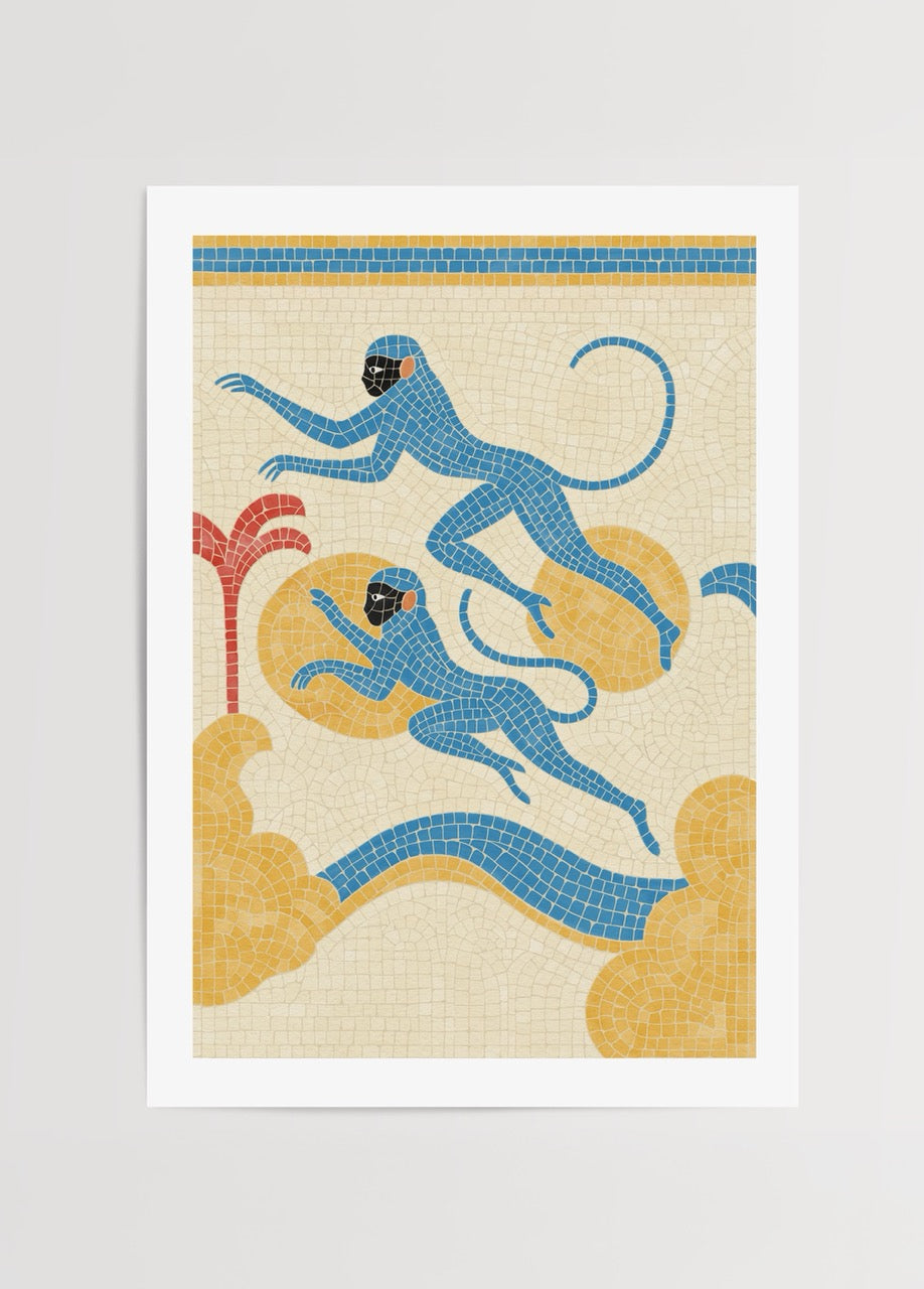 Vibrant Blue Monkey Poster Print featuring playful monkeys in mosaic style.