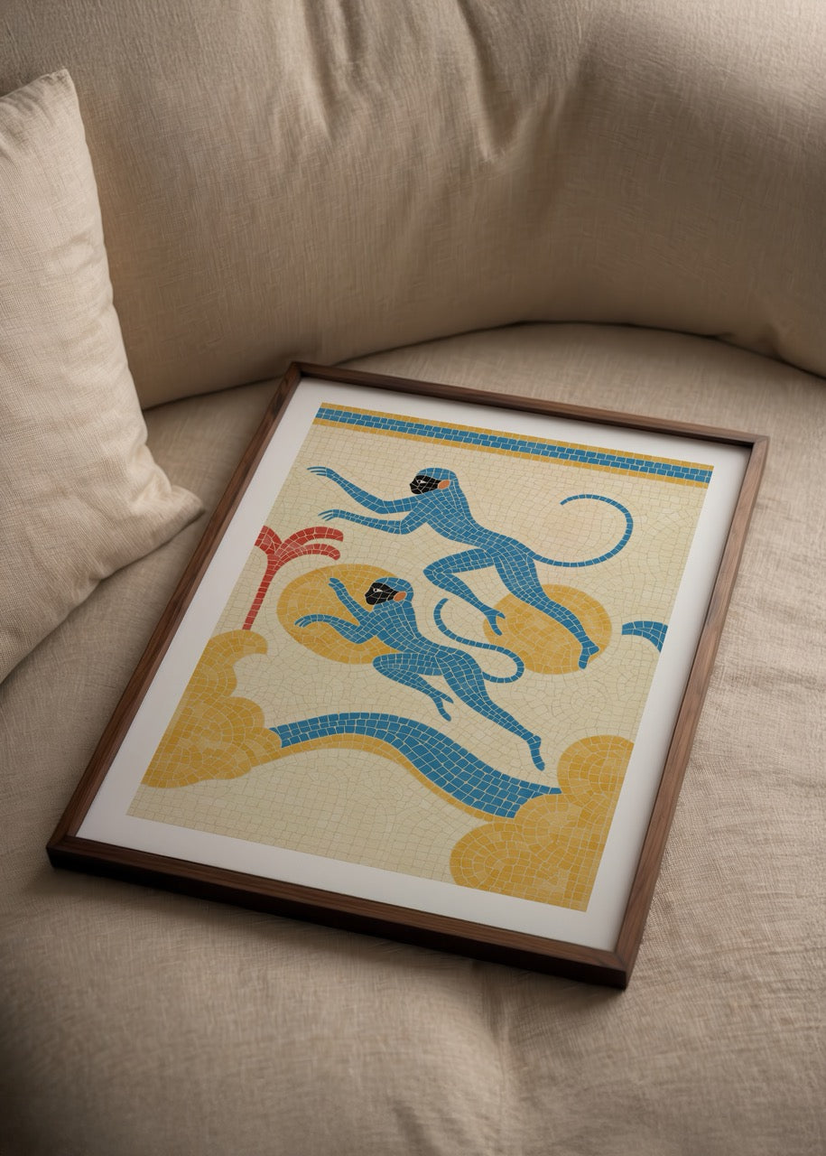Vibrant Blue Monkey Poster Print featuring playful monkeys in mosaic style.