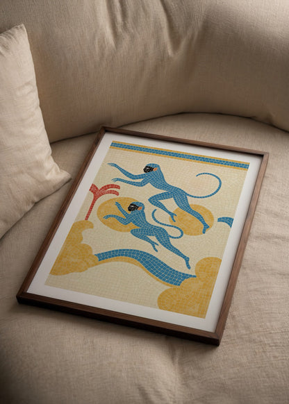 Vibrant Blue Monkey Poster Print featuring playful monkeys in mosaic style.