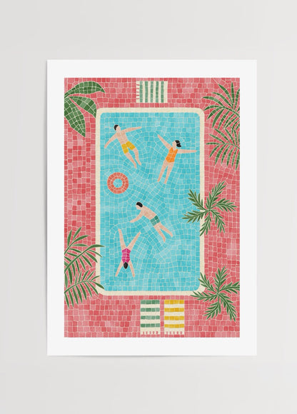 Vibrant pool scene with figures and greenery in a decorative style.
