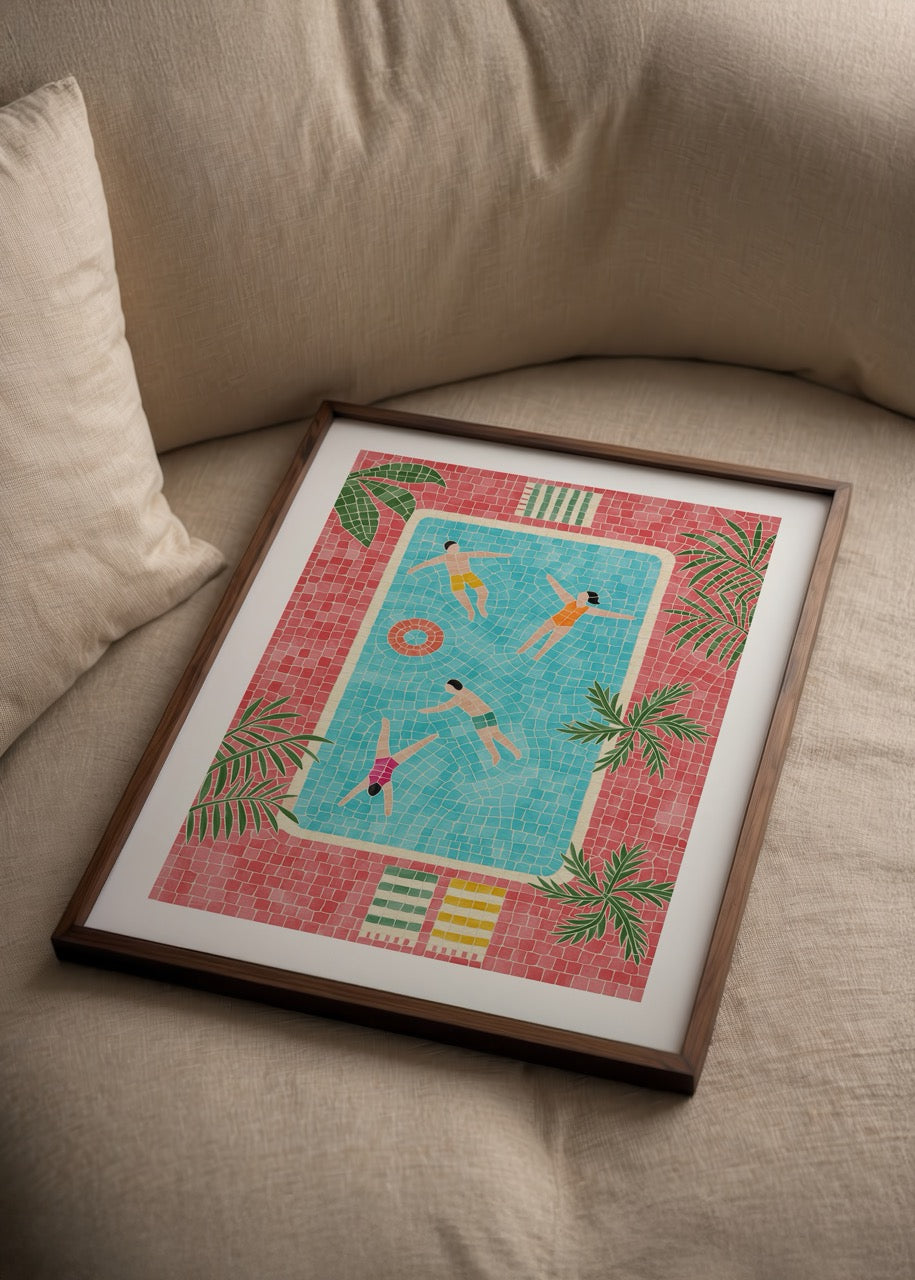 Vibrant pool scene with figures and greenery in a decorative style.