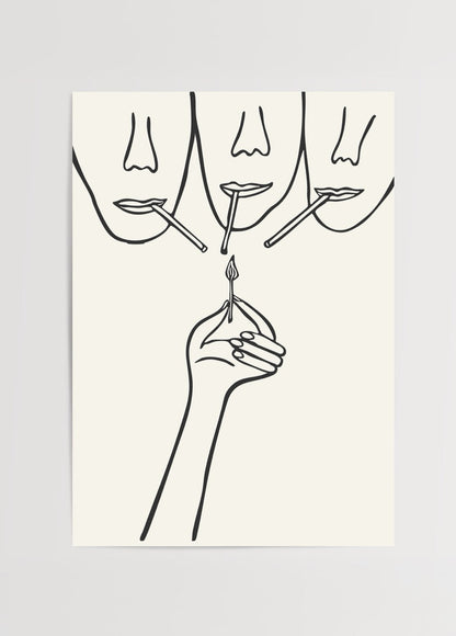 Minimalist art print featuring line drawings of faces with a hand holding a match.