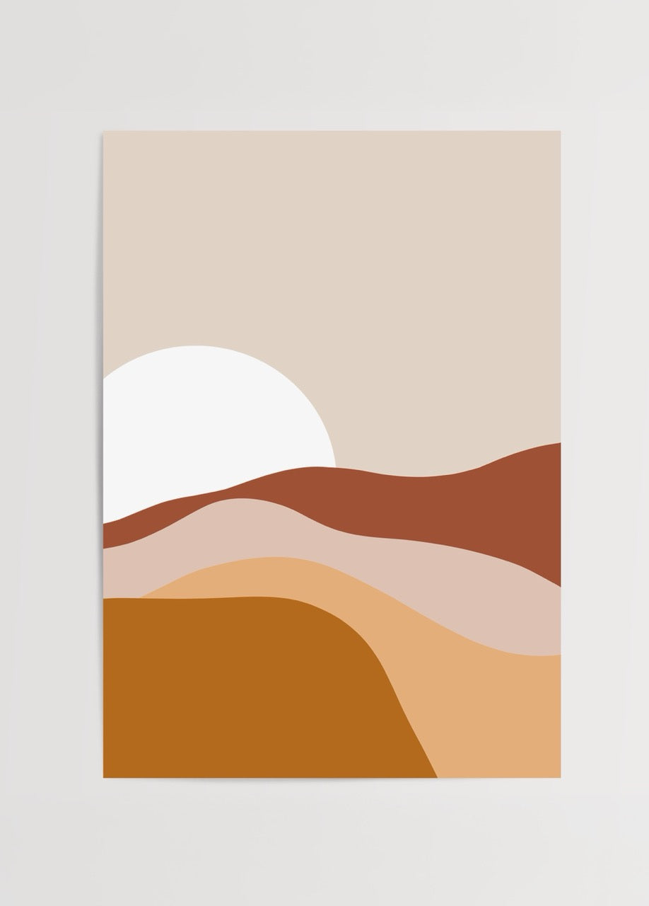 Sunset landscape poster print featuring soft curves and warm tones.