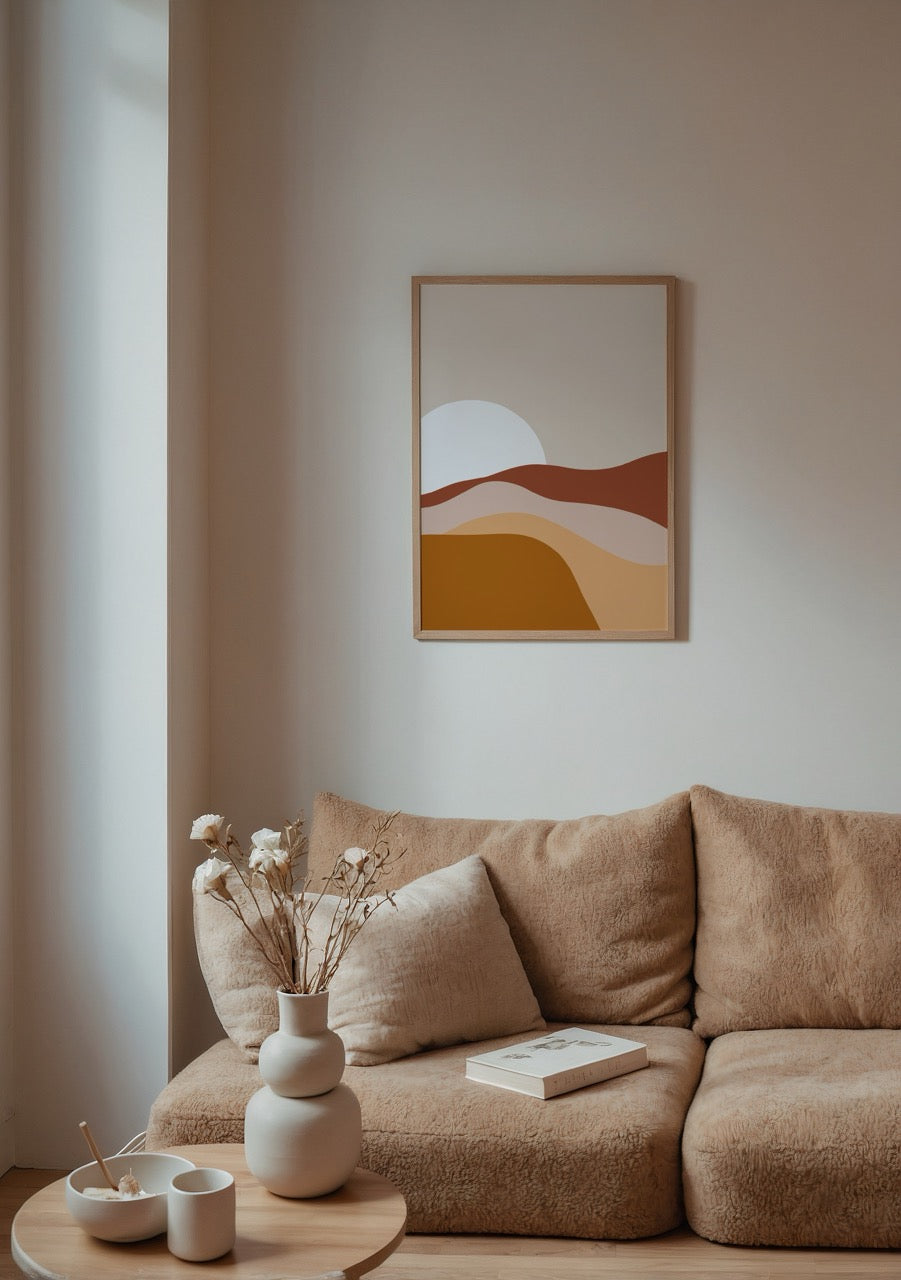 Sunset landscape poster print featuring soft curves and warm tones.