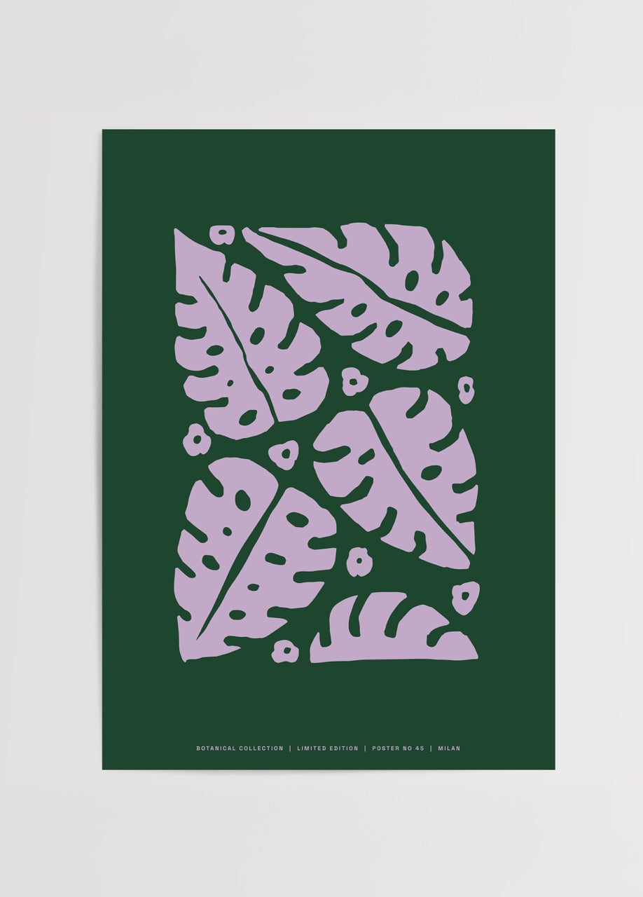 Tropical Haze – Poster No. 45 featuring graphic leaves in pink on a green background.