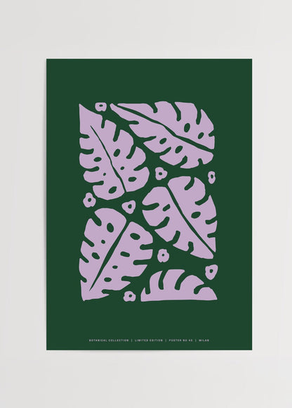 Tropical Haze – Poster No. 45 featuring graphic leaves in pink on a green background.