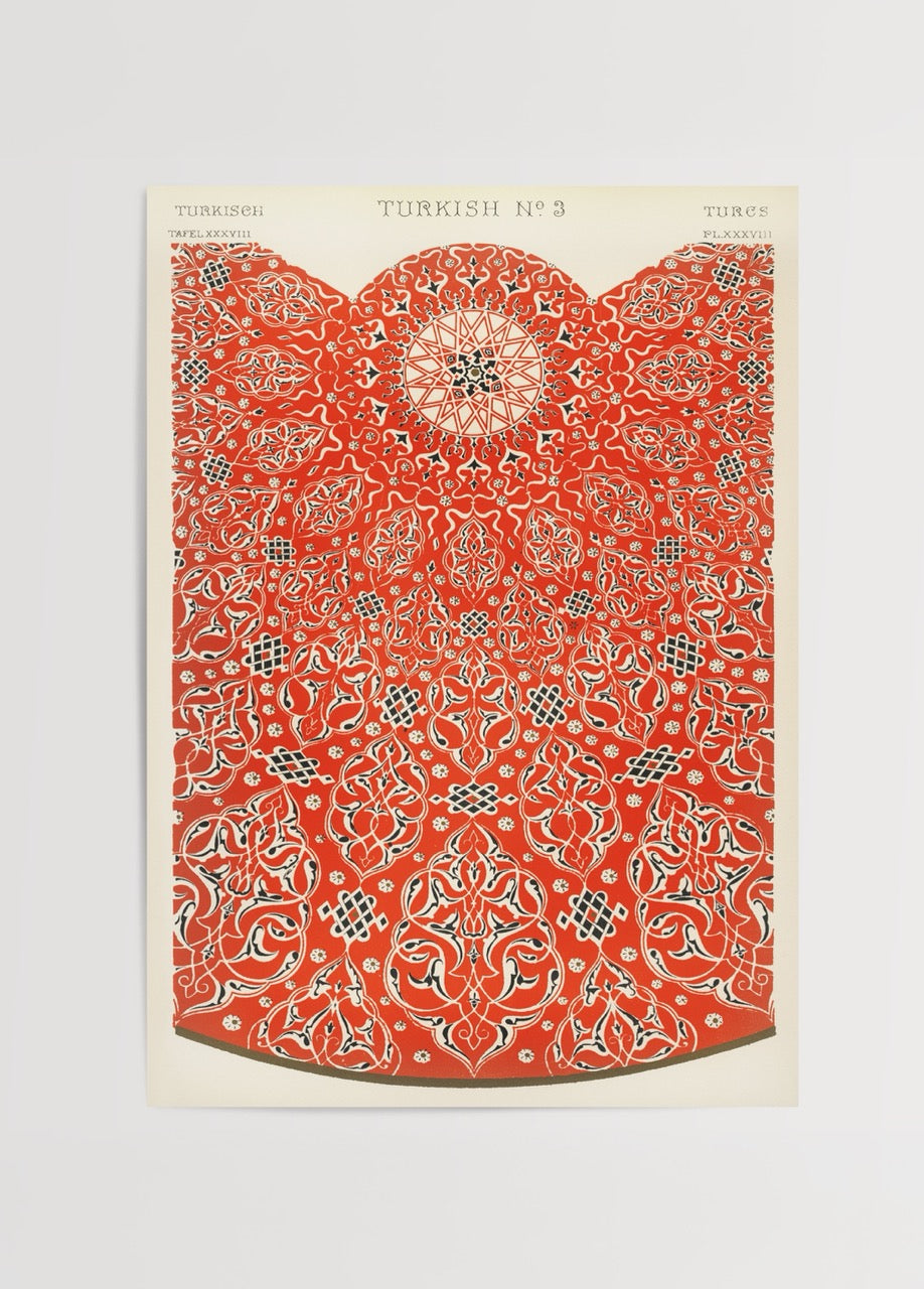 Intricate Turkish motif wall art print in vibrant red.