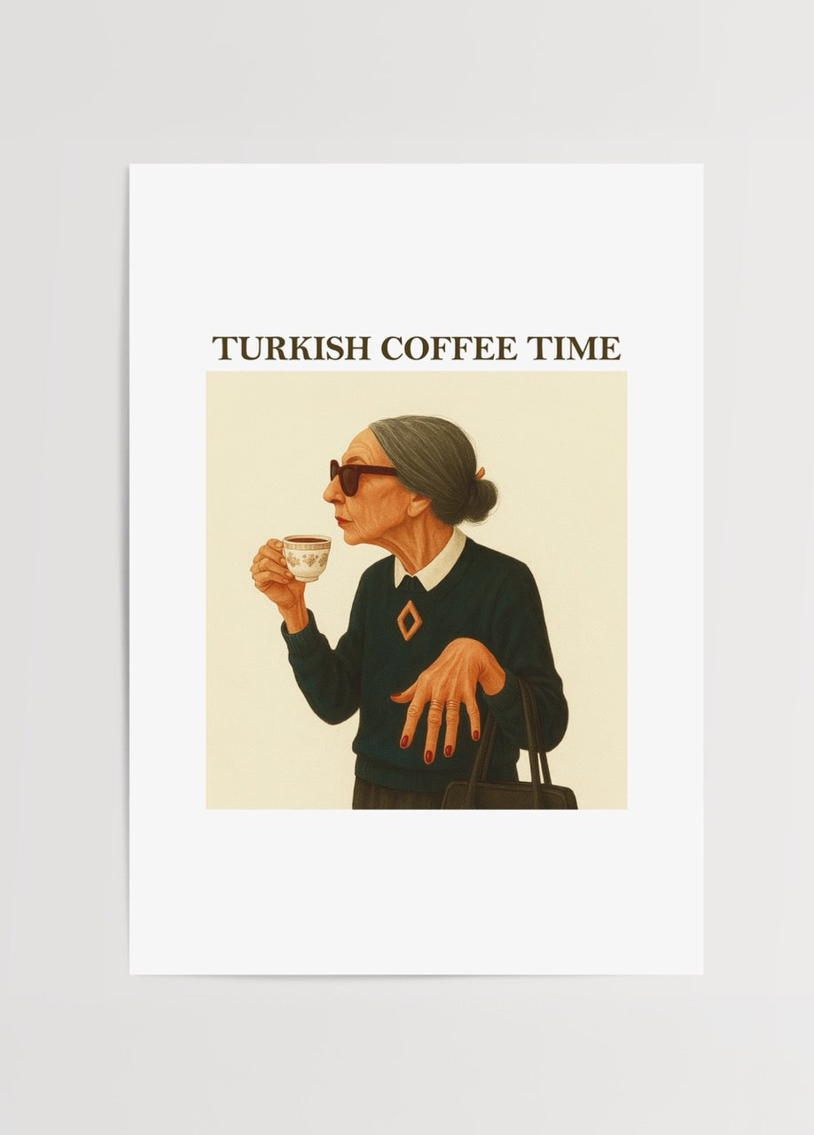 Turkish Coffee Time Poster Print featuring elegant artwork of a woman enjoying coffee.