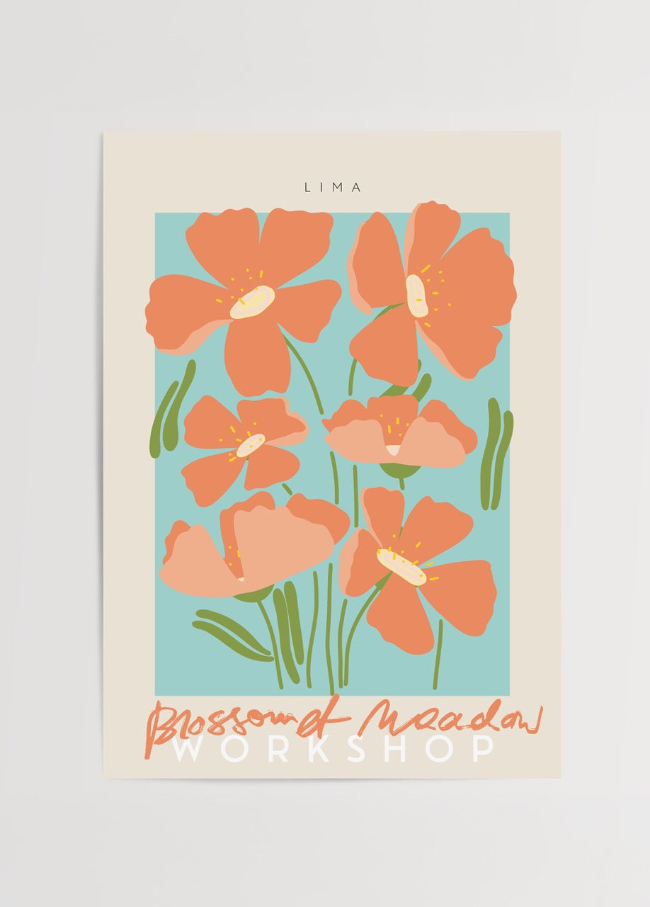 Vibrant floral art print featuring orange flowers on a blue background.