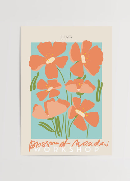 Vibrant floral art print featuring orange flowers on a blue background.