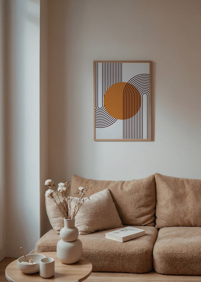 Contemporary abstract art print featuring orange and linear forms.