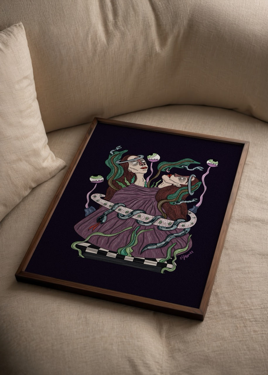 Twins illustration print featuring two figures entwined with vibrant colours and unique details.