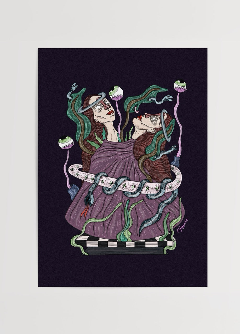 Twins illustration print featuring two figures entwined with vibrant colours and unique details.