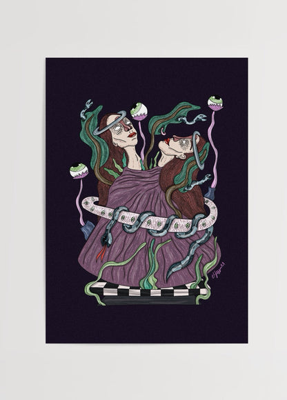 Twins illustration print featuring two figures entwined with vibrant colours and unique details.