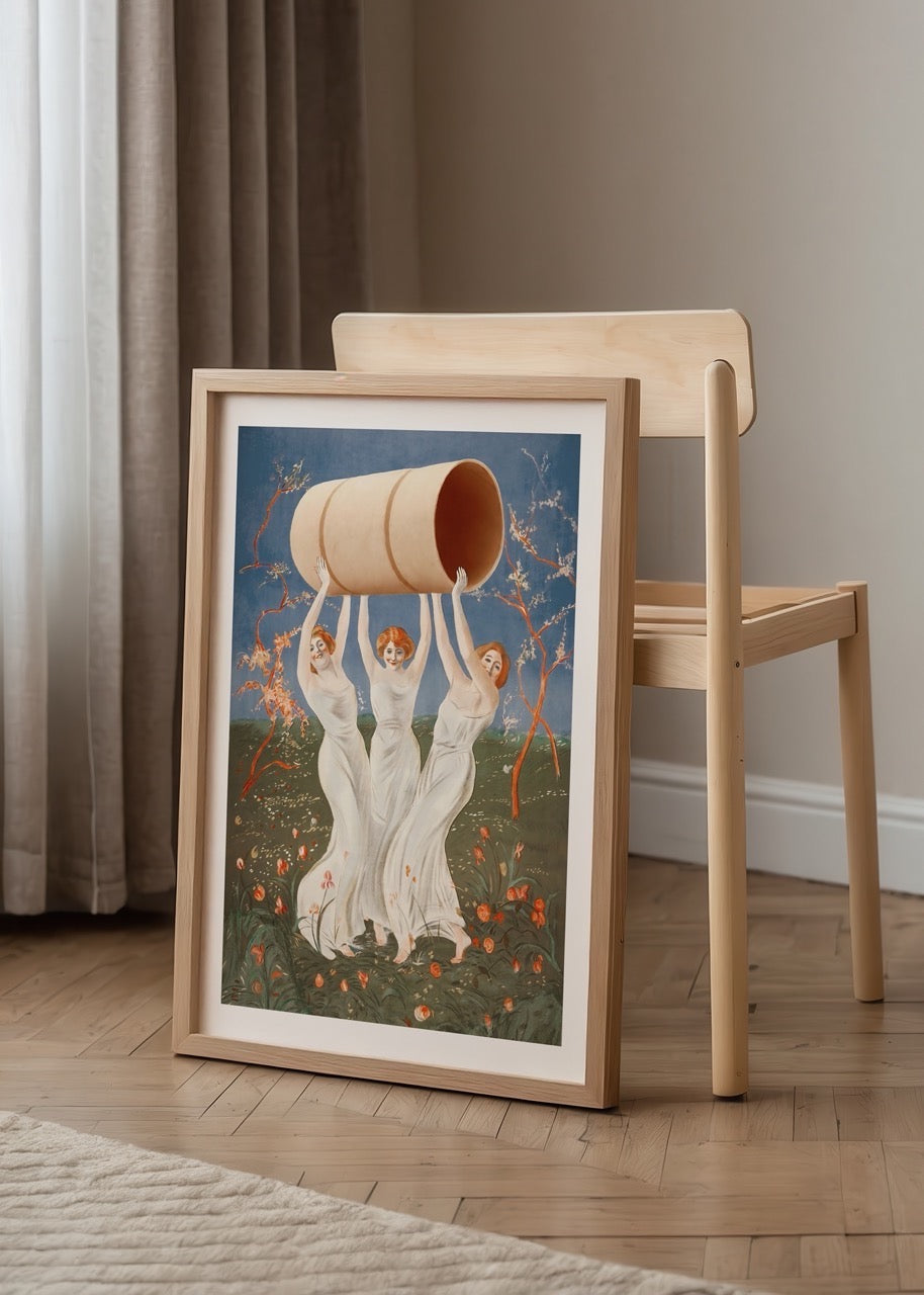 Mythical muses carrying a rolled tapestry in a vibrant landscape.