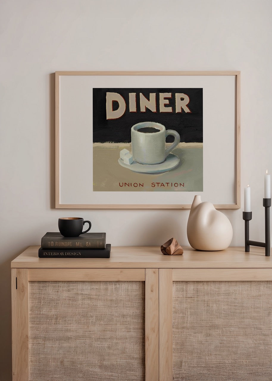 Retro diner coffee illustration poster showcasing a coffee cup.