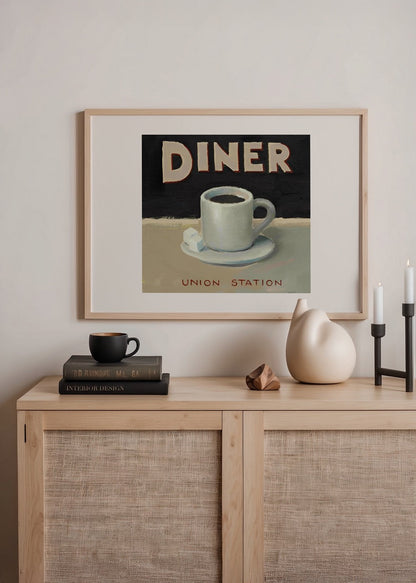 Retro diner coffee illustration poster showcasing a coffee cup.