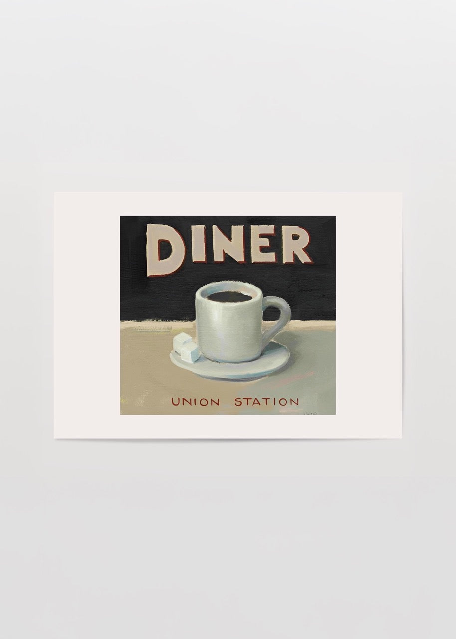 Retro diner coffee illustration poster showcasing a coffee cup.