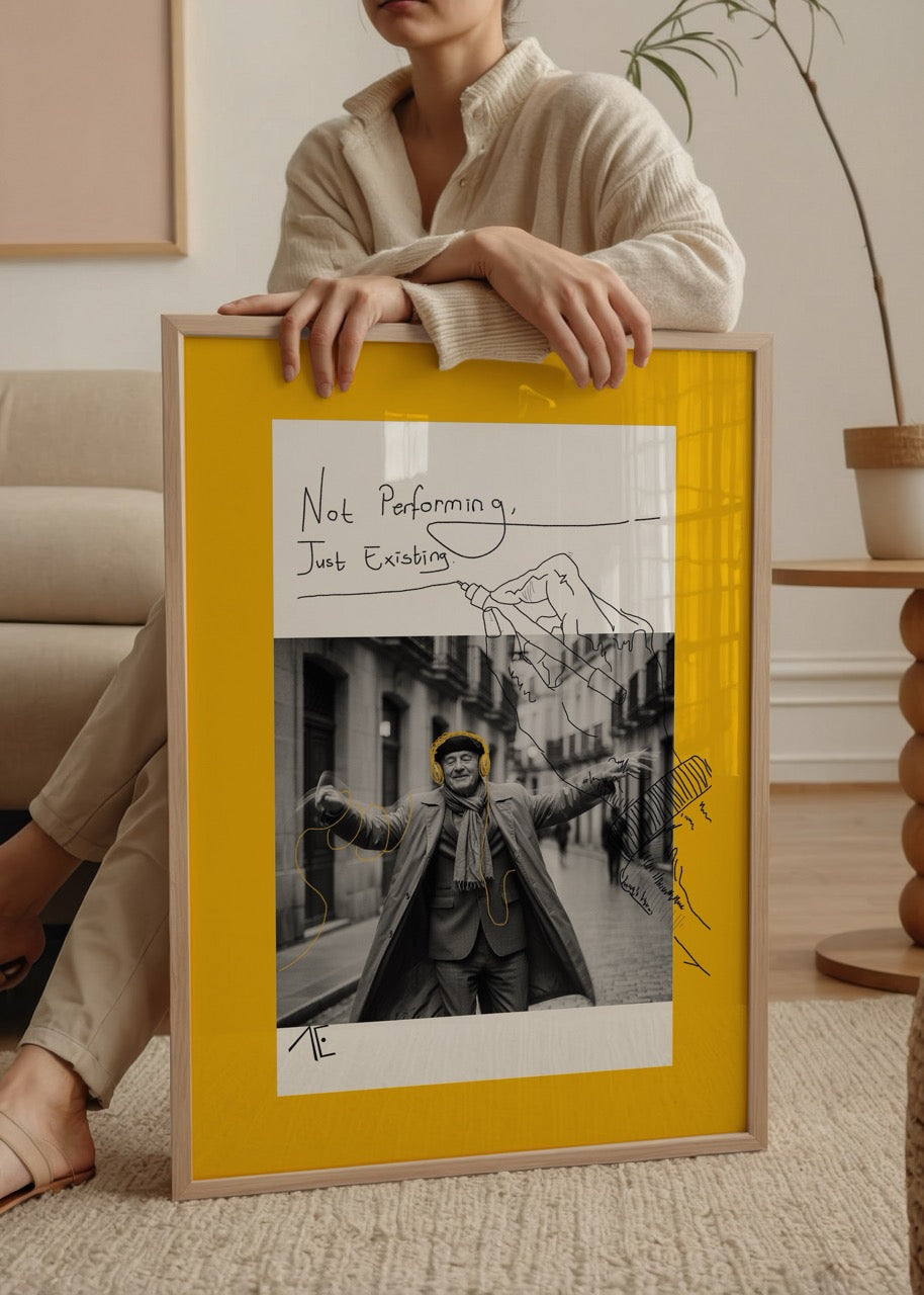 A vibrant yellow poster print featuring a black-and-white image with artistic elements, themed &