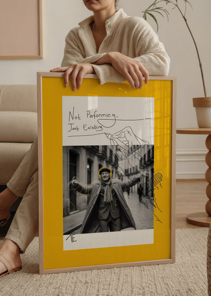 A vibrant yellow poster print featuring a black-and-white image with artistic elements, themed &