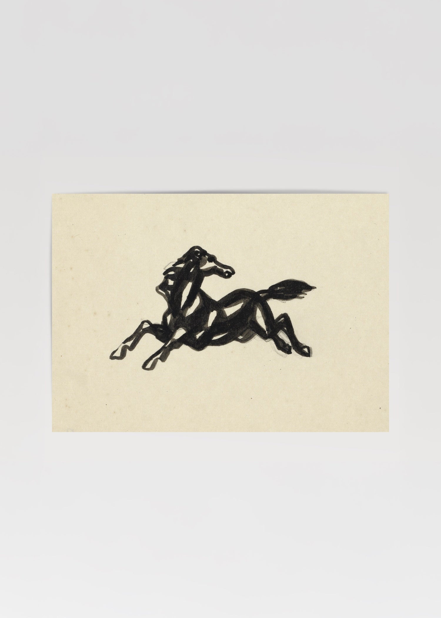 A dynamic black silhouette of a galloping horse on beige background.
