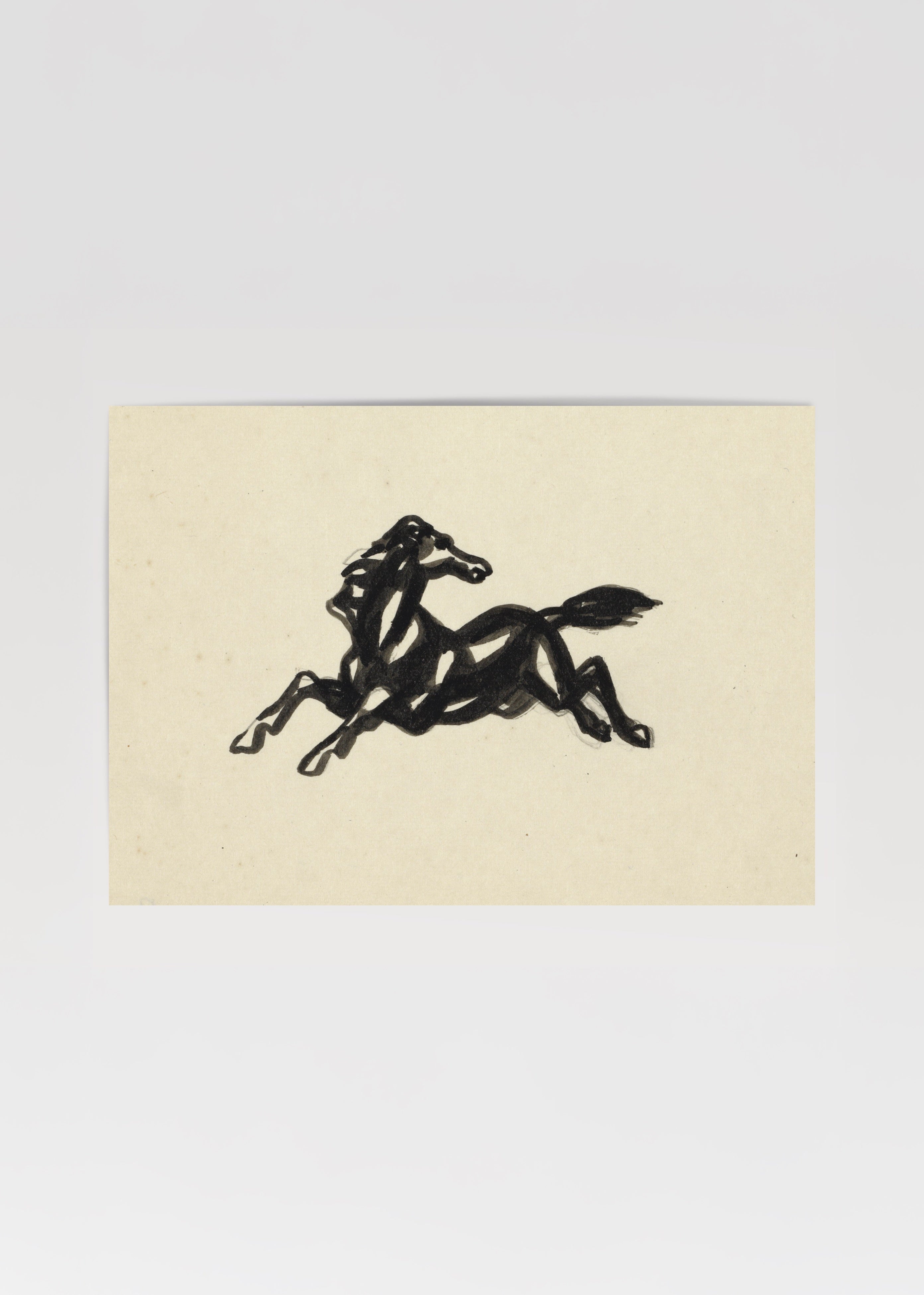 A dynamic black silhouette of a galloping horse on beige background.