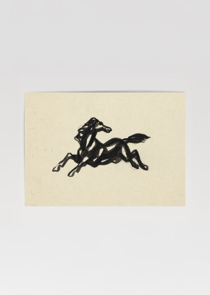 A dynamic black silhouette of a galloping horse on beige background.