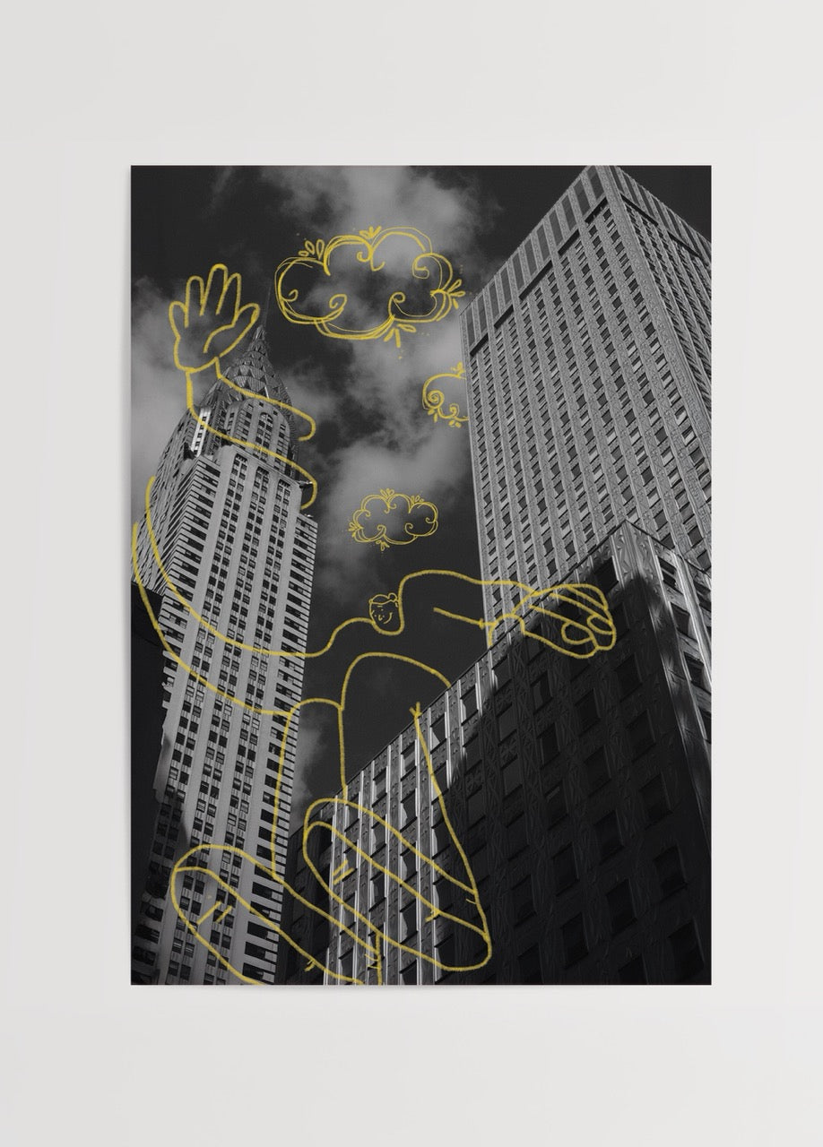 Urban Daydream Poster Print featuring a cityscape with whimsical illustrations.