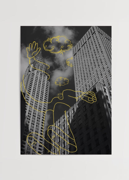 Urban Daydream Poster Print featuring a cityscape with whimsical illustrations.
