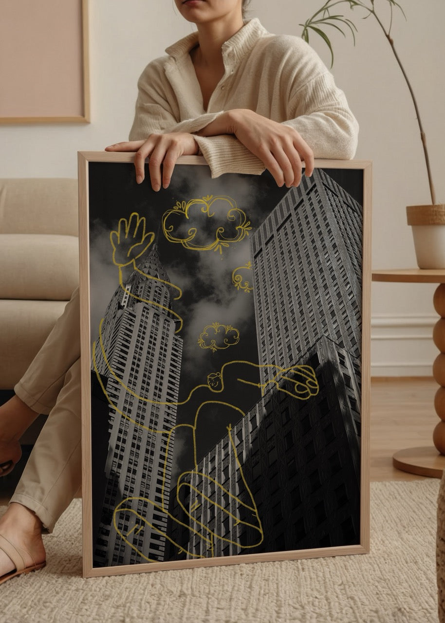 Urban Daydream Poster Print featuring a cityscape with whimsical illustrations.