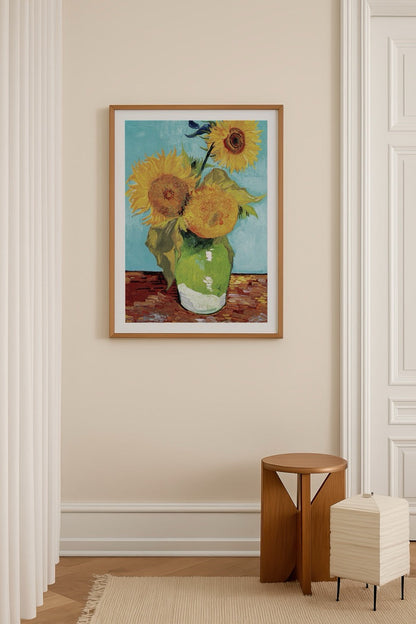 Vibrant poster art featuring sunflowers in a green vase.