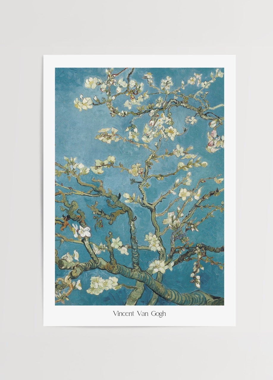 Art print featuring delicate white blossoms on turquoise background.