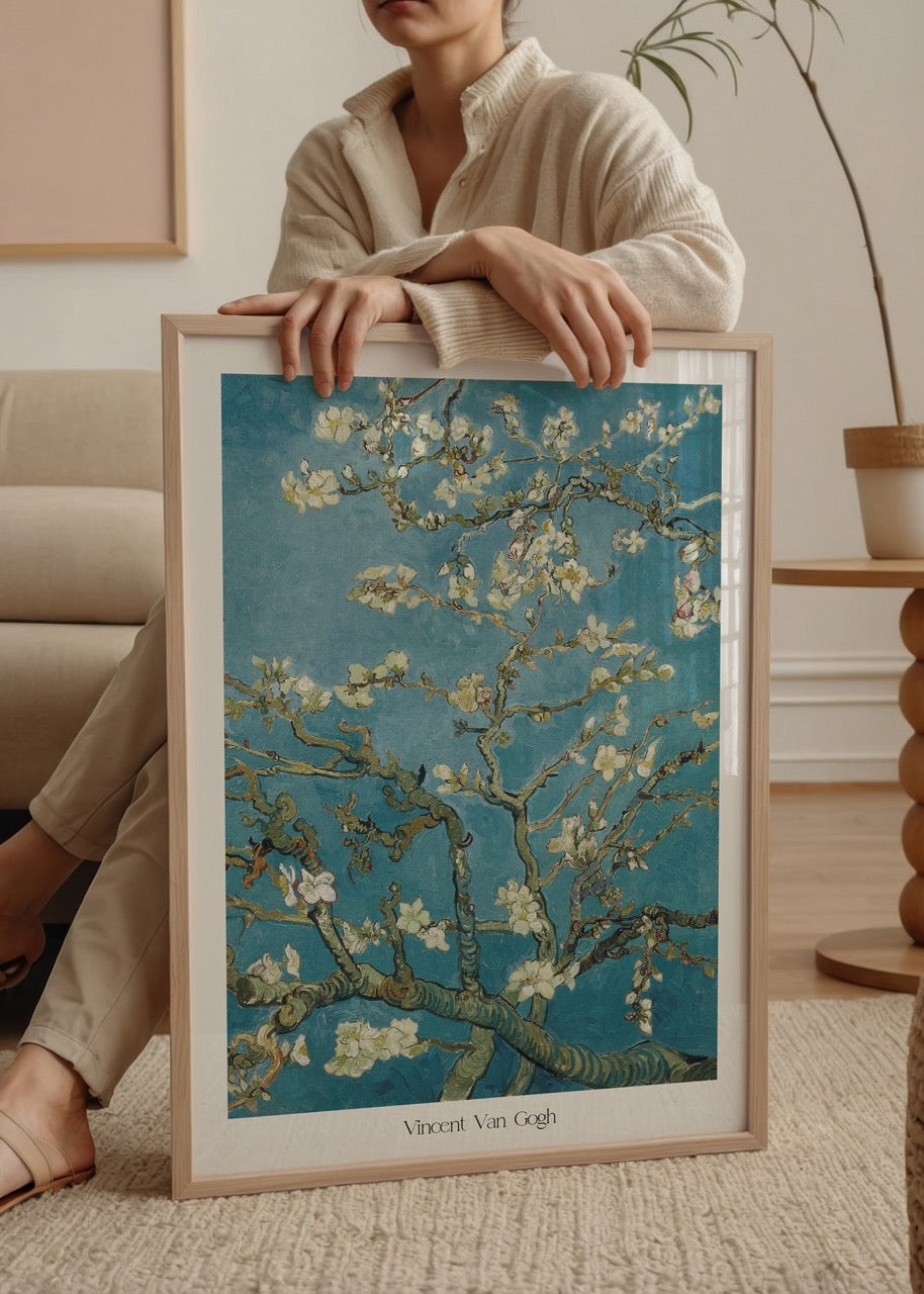 Art print featuring delicate white blossoms on turquoise background.