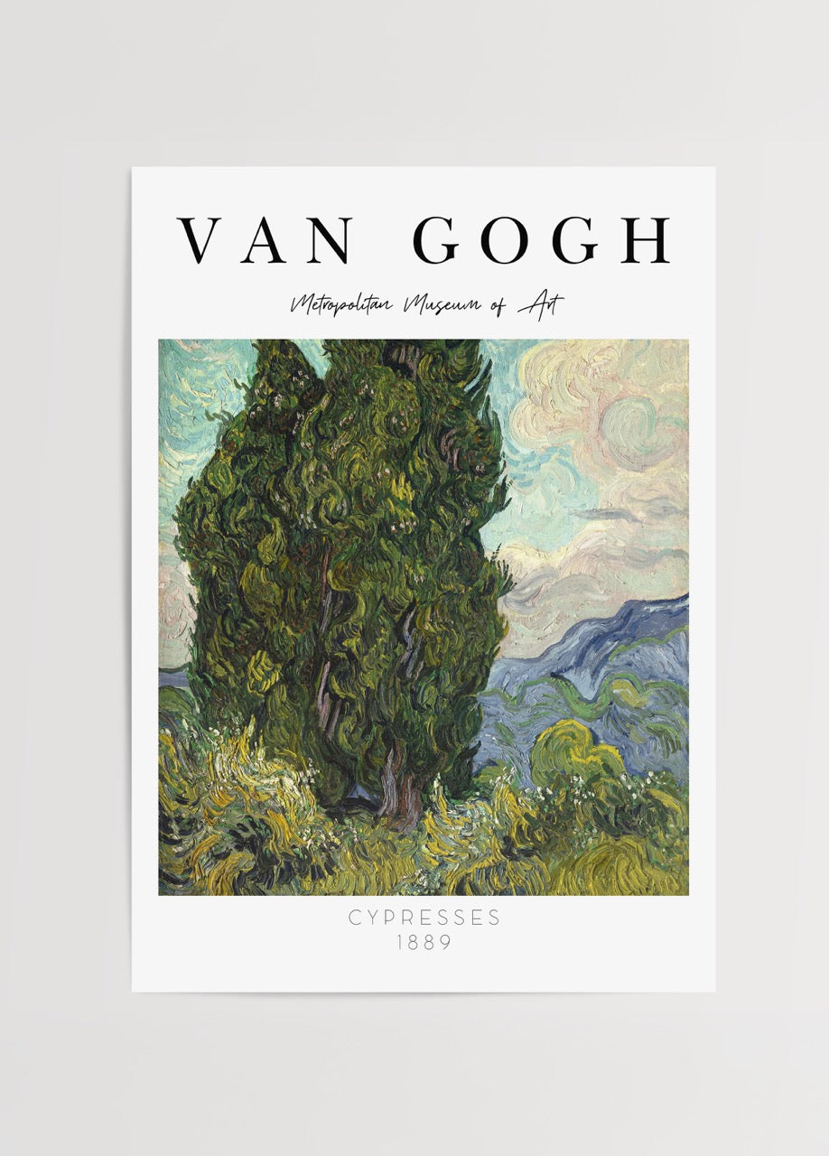 Lush green cypress trees against a swirling sky, vibrant wall art.