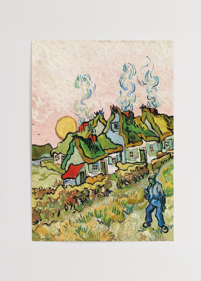 A vibrant countryside scene featuring thatched cottages against a warm sunset sky.