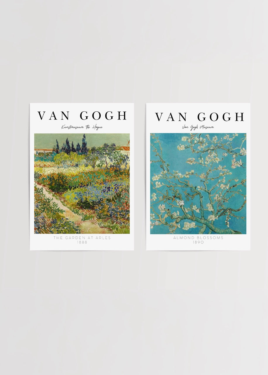 A floral set of posters featuring a vibrant garden and almond blossoms, ideal for elegant wall decor.