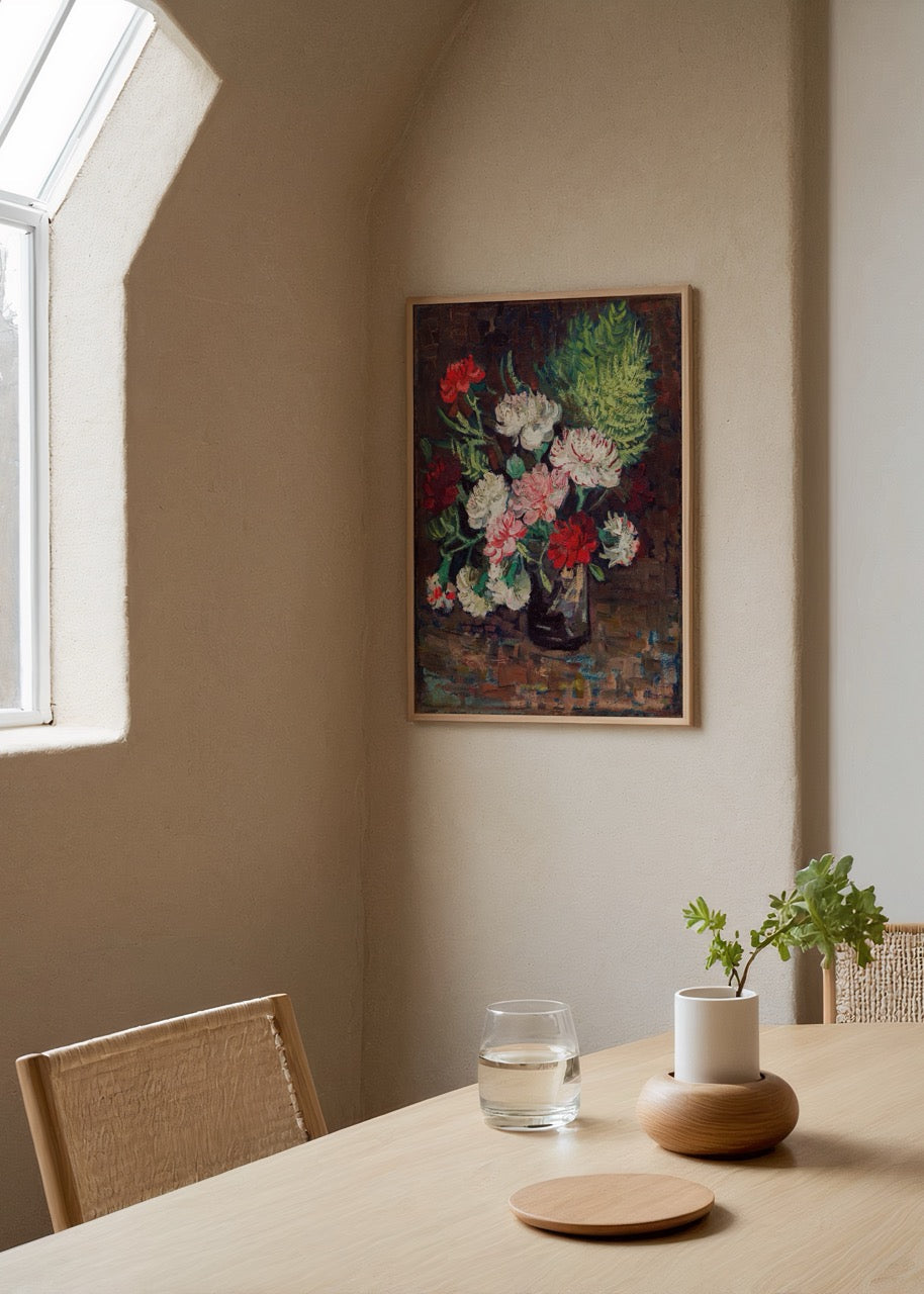 Vibrant flowers in a vase on a dark background, perfect for wall decor.